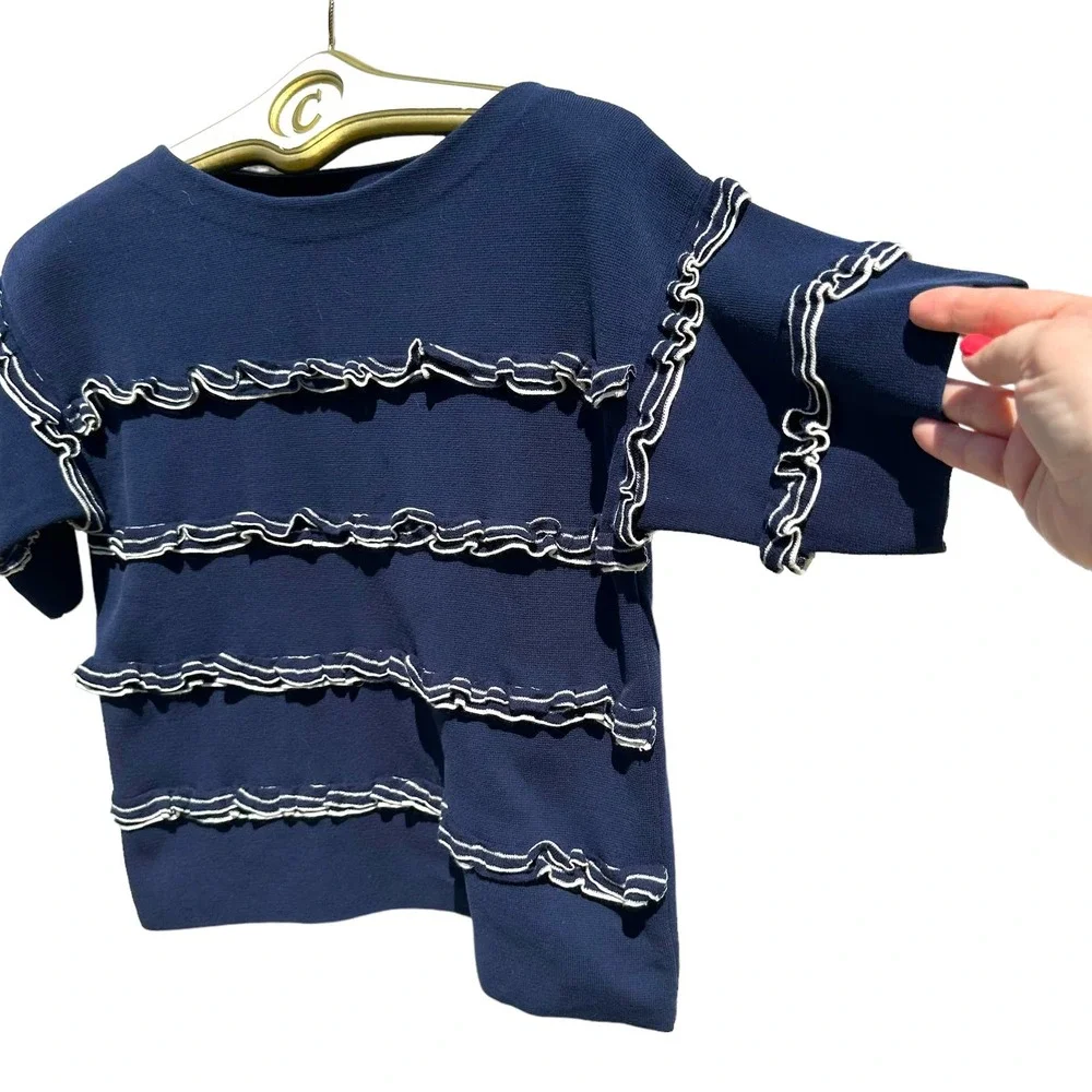 J.Crew - Short Sleeve Ruffled Boat Neck Pullover fine knit Sweater, SizeS - Picture 8 of 12
